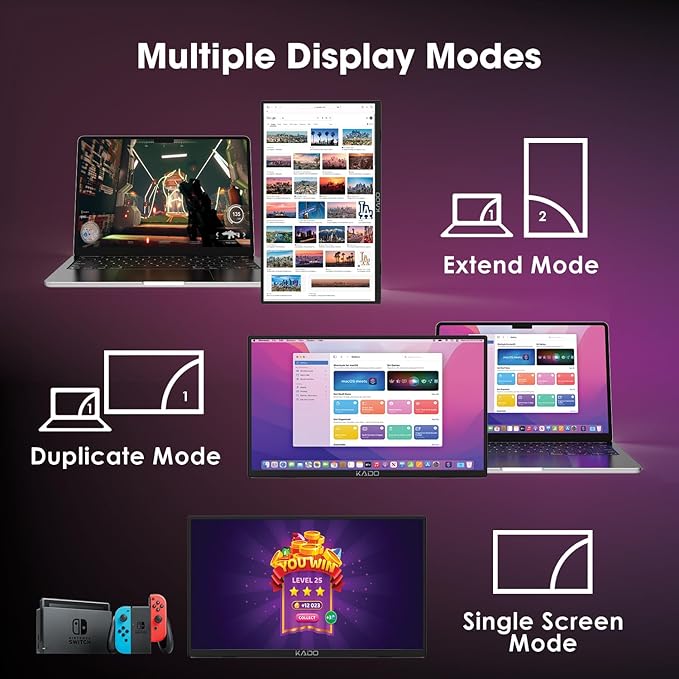 Kado Portable Monitor 15.6-inch FHD 1080p, 45W Reverse Charging Ultra-Slim Laptop Monitor 1920x1080 with Built-in Speakers, IPS Display 180° Kickstand for PC, Mac, Phone, Xbox, PS5, USB-C & Mini HDMI