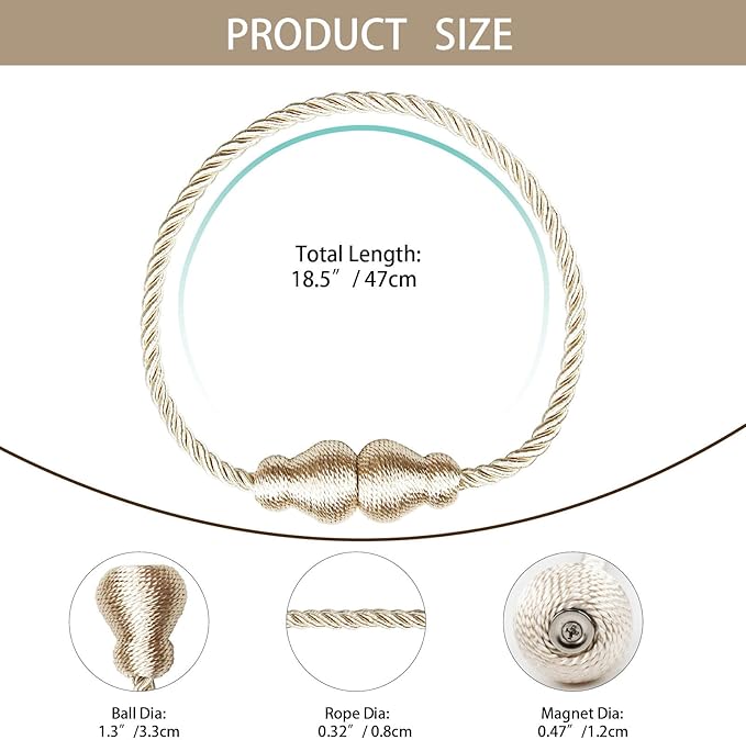 Nieffeiy Magnetic Curtain Tiebacks Outdoor Curtain Tie Backs Rope Decorative Magnetic Curtain Holders for Drapes Window Treatment Holdbacks, Oatmeal 4Pack