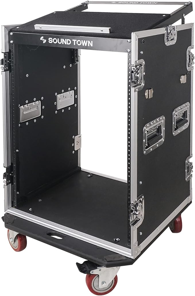 Sound Town Heavy-Duty 1/2" (12mm) Plywood 16U PA DJ Pro Audio Rack/Road ATA Case with 11U Slant Mixer Top, Locking Drawer, Side Table, 20’’ Rackable Depth and Casters (STMR-16TD3)