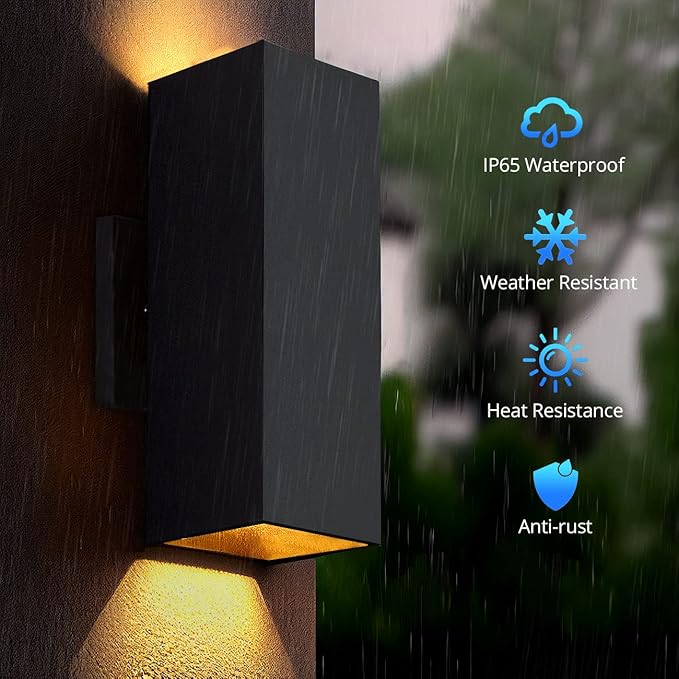 wowlite Outdoor Wall Light with Dusk to Dawn Sensor, 2700K Warm Light LED Up Down Sconce, Waterproof 13" Modern Square Matte Black Exterior Light Fixture Wall Mount for Porch Patio Garage, ETL Listed