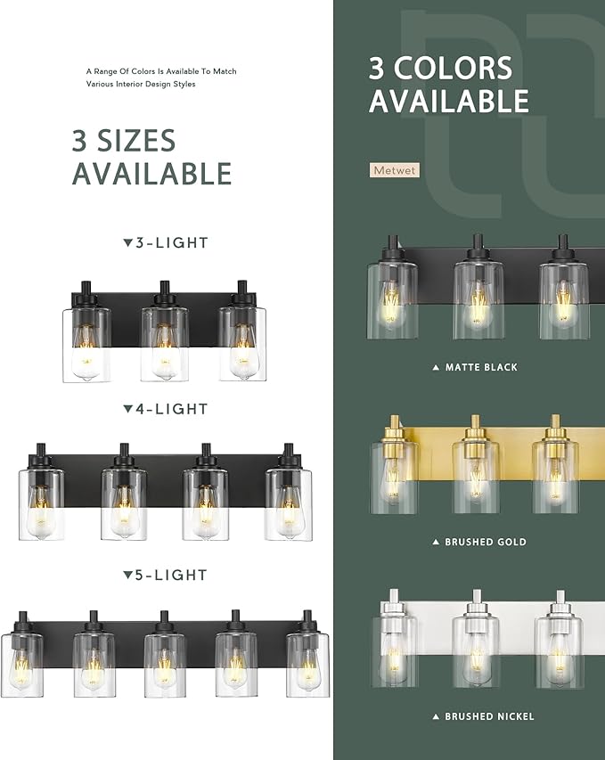 METWET 3-Light Bathroom Light Fixtures, Black Vanity Light with Cylinder Clear Glass Shade, Modern Vanity Lighting Fixtures Over Mirror, VL143-MB-3