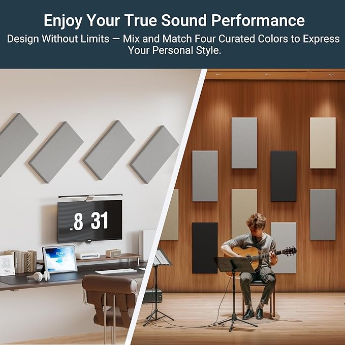 4 Pack High-Density Core with Fabric Cover Acoustic Panels – 24×12×2 In Self-Adhesive Soundproofing and Sound-Absorbing Wall Panels for Echo Reduction in Studio, Theater, or Recording (Pebble Gray)