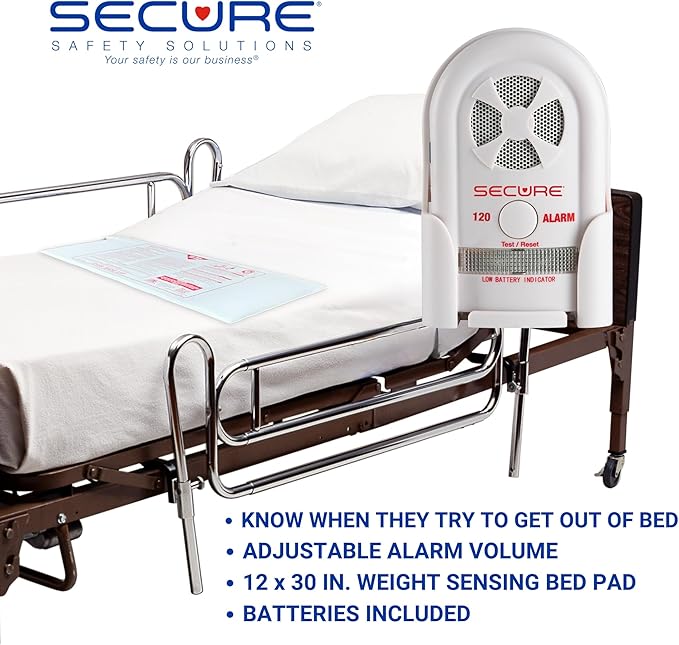 Secure Bed Exit Alarm for Elderly Adults Fall Prevention - 80-120 dB Monitor,12x30 Weight Sensing Pressure Pad - Caregiver Alert System for Seniors, Dementia Patients to Know When They Get Up