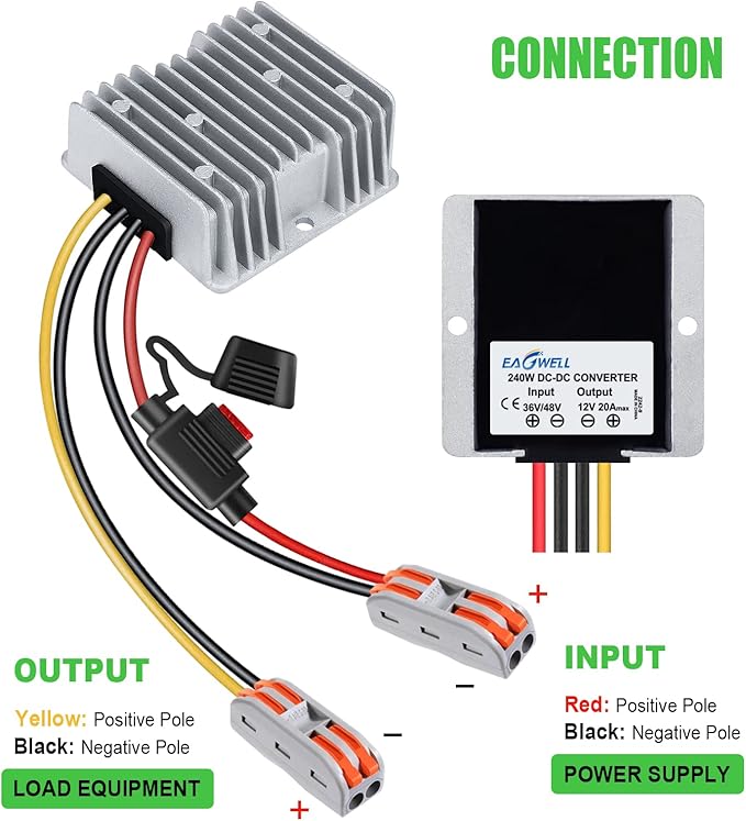 EAGWELL 48V to 12V DC Converter 20A 240W Waterproof Voltage Regulator - Step Down Power Converter for Golf Cart, RV, Truck, Boat - with Fuse Protection (36V/48V Input, 12V Output)