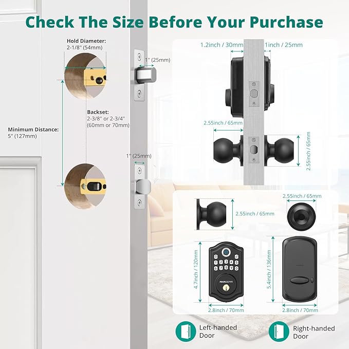 AkaGear DS10 Keyless Entry Door Lock with Door Knob, Fingerprint Door Lock, Electronic Keypad Deadbolt, Smart Door Lock, Smart Locks for Front Door, Auto-Lock - Matte Black