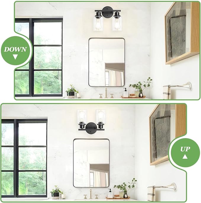 Guliaofo 2-Light Black Bathroom Light Fixtures, E26 Modern Vanity Lights for Bathroom with Clear Glass Shade, Wall Lamps for Mirror Kitchen Hallway Cabinet Living Room Sconces Lights