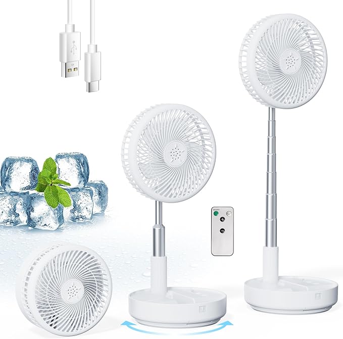 Primelove Portable Oscillating Rechargeable Fan, Battery Operated with 4 Speed Settings & Remote Control, Desk Travel Pedestal Fan for Sleeping, Camping, Cruise, RV - White 8" USB C