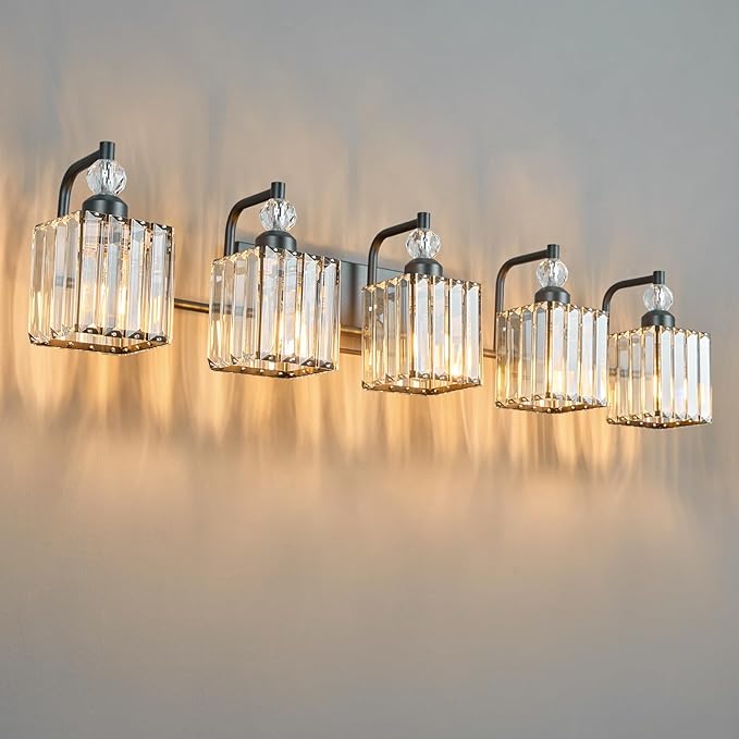 BBLLWJ 5 Light Bathroom Vanity Light Modern Black Vanity Light Fixtures Bathroom Light Fixtures Over Mirror Crystal Vanity Lighting Fixtures