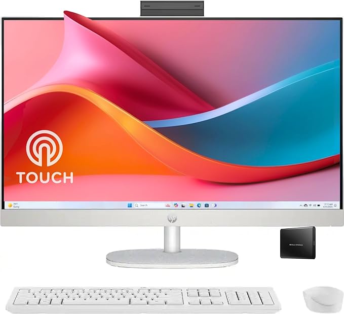 HP 27" FHD Touchscreen All-in-One Desktop Computer, 16GB DDR5 RAM 512GB SSD Storage, Quad-Cores Ryzen 5 7520U Processor, WiFi6, Wireless Keyboard & Mouse, Windows 11