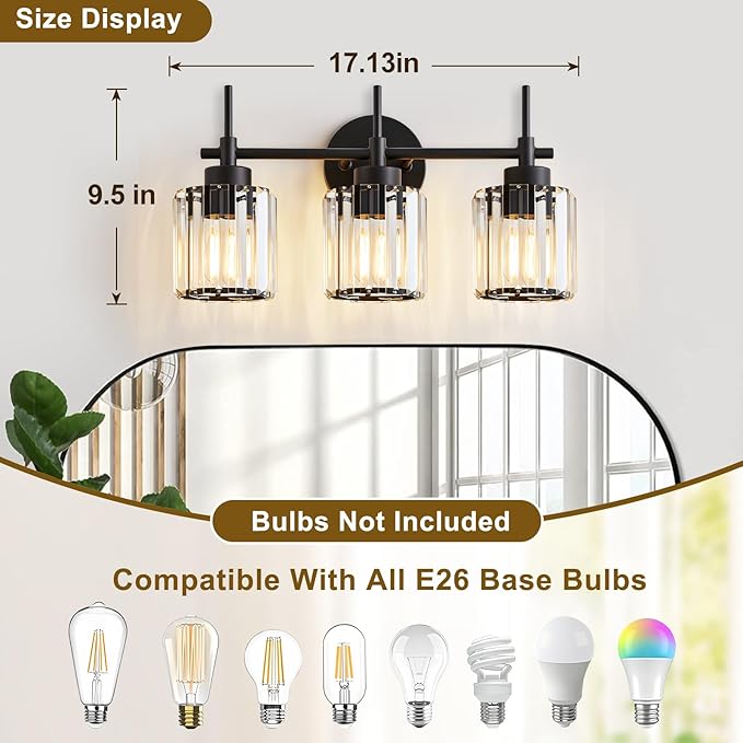 EJIAXIN 3 Light Crystal Vanity Light, Bathroom Lighting Fixtures Over Mirror Black Crystal Wall Light Bath Wall Lighting Modern Bath Wall Sconce Lighting for Bedroom Living Room