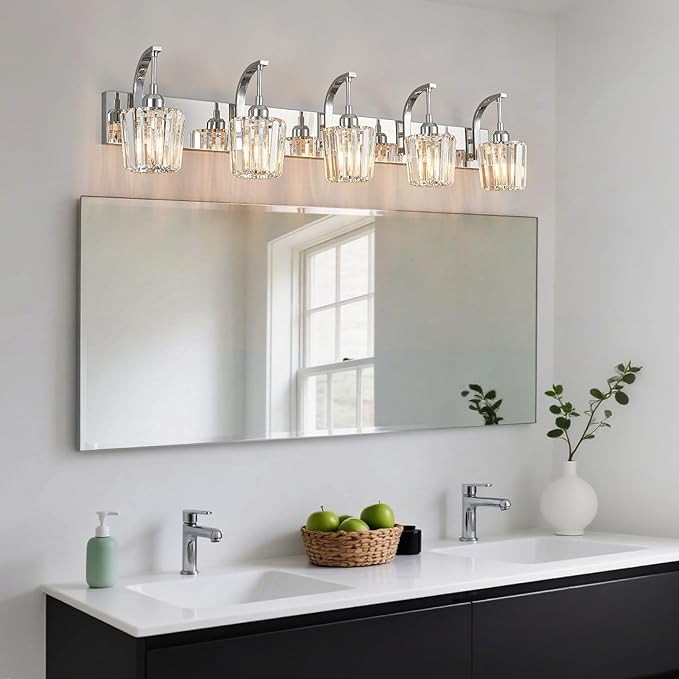 FDPBY Modern Bathroom Vanity Light, 5-Light Chrome Wall Sconce with Crystal Accents, Over Mirror Bathroom Lighting Fixture, 42.52" Long Dimmable Vanity Lamp for Makeup, Easy Installation