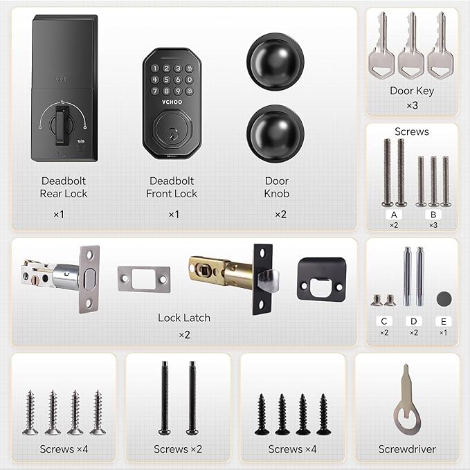 VCHOO Keyless Entry Door Lock with Handle, App Control Door Locks for Front Door, Auto Lock Keypad Door Lock with Handle, Smart Door Lock for Home Hotel Bedroom with 2 Door Knobs