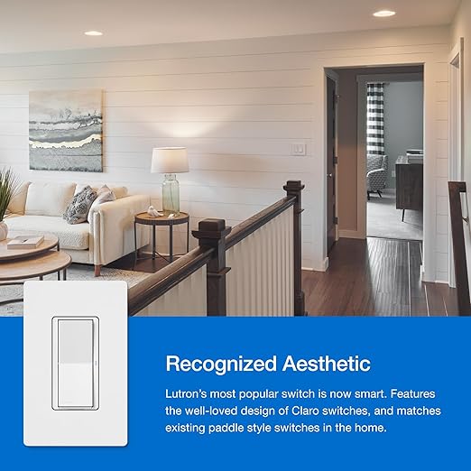 Lutron Claro Smart Switch 3-Way Kit for Caseta Smart Lighting, Includes Wall Plate, Pico Paddle Remote, and Bracket, Neutral Required, DVRF-PKG1S-WH