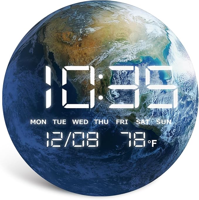 HOMLOVE Digital Desk Clock with Large LED Display, Earth Modern Date Temperature Clock [TYPC-in] for Shelf, Table, Mantel or Bedside, (Earth, 7.87 INCH)