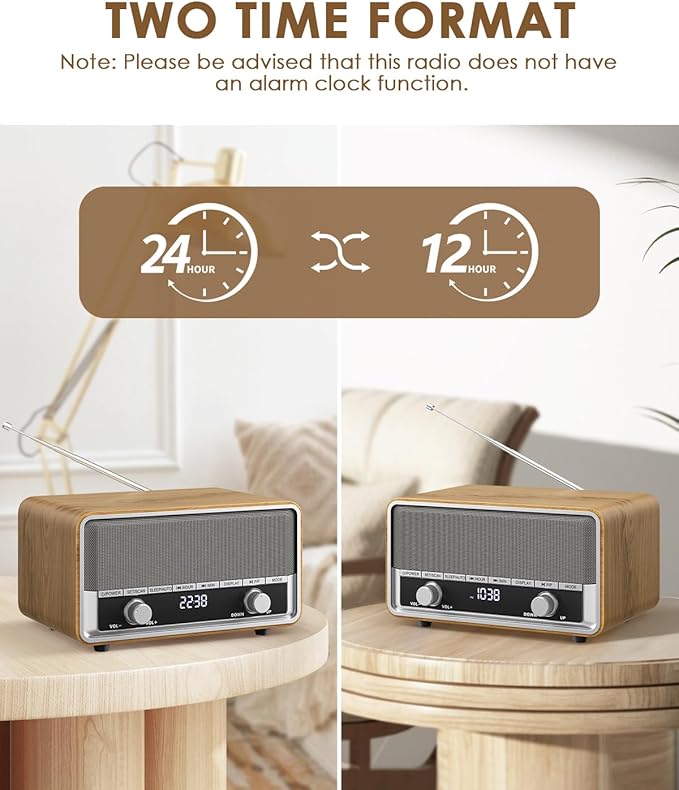 Vintage Wood AM FM Bluetooth Radio with Clock, Digital Clock Radio for Bedroom with LCD Display | 40 Presets | Sleep Timer | No Alarm, Retro Bluetooth Speaker for Office, Kitchen (Wood)
