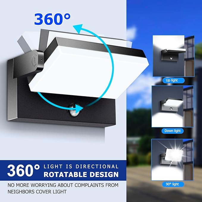 rosykite Motion Sensor Outdoor Wall Pack Lights,40W Acrylic LED Porch Lights 360 °Rotation,Waterproof 5000K/4000K/6000K Exterior Flood Wall Sconce Light for Garage