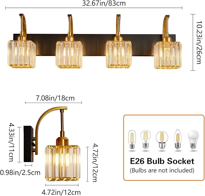 FDPBY Crystal Vanity Lights 4-Light Black Gold Bathroom Vanity Lights Modern Crystal Bathroom Light Fixtures Over Mirror 32.67" Long Vanity Light for Bathroom