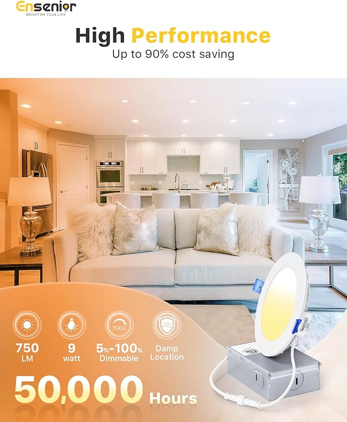 Ensenior 12 Pack 4 Inch LED Recessed Ceiling Light, Dimmable, 4000K Cool White, 750LM 9W 120V, High Brightness Canless Wafer Downlight - ETL&FCC&IC