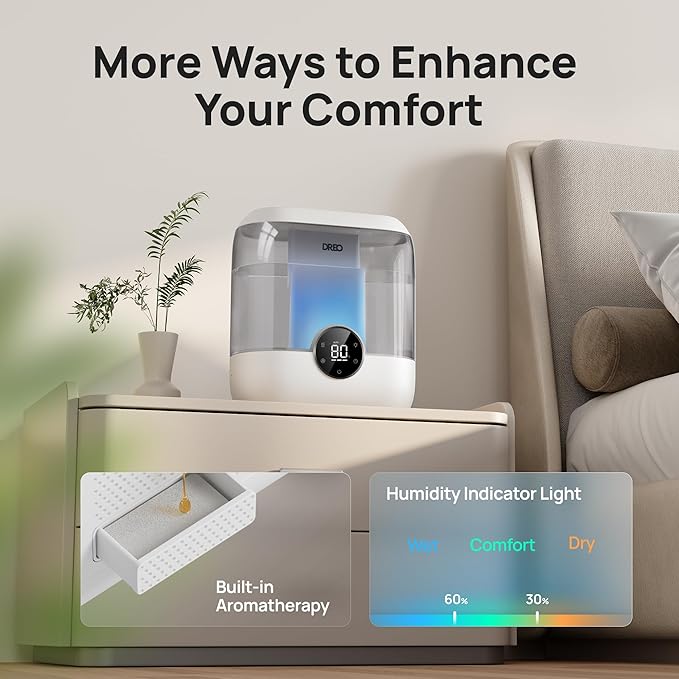 DREO 6L Top Fill Humidifiers for Bedroom, 60H Runtime 28 dB Quiet Supersized Cool Mist Air Humidifiers for Large Room, Baby Nursery, Plant, Indoor, Night Light, Easy to Clean, Precise Humidity Control