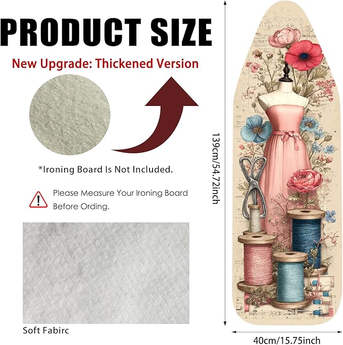 Nuxovilar Ironing Board Cover Needle Cotton 15x54 Inches | Ironing Board Cover and Pad Floral Dress Sewing Design Needle Cotton for Craft Room, Laundry Space, Bedroom