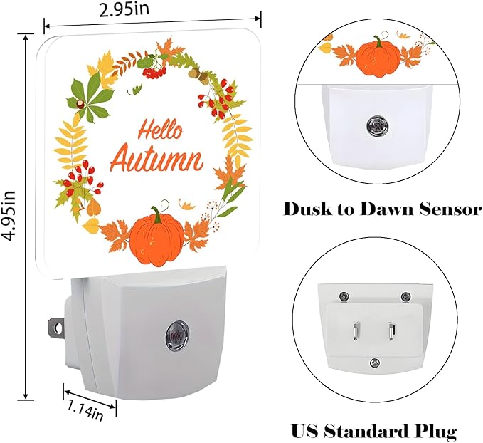 FSHVQKD Hello Autumn Night Light,Plug Into Wall with Dusk to Dawn Light Sensors, Warm Nightlights for Bedroom, Bathroom, Hallway, Kitchen, Gifts Ideal for Boys Girls Women Men