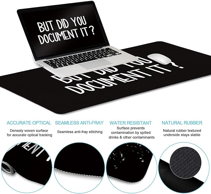 LIMKRIAN Black Mouse Pad Large Desk Mat Set, Funny Mouse Pad with Wrist Rest Keyboard Wrist Support XXL Mousepad Cup Coaster Set, Cute Office Desk Accessories Decor Supplies But Did You Document It