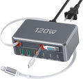 2026 Updated USB-C Fast Charging Station, 120W GaN 8-Port Retractable Charger Adapter, Includes 2.3ft Lightning+Type-C Dual Cable, Wall Charger Block Plug Cube for iPhone 17/16/15,iPad,Pixel, Galaxy