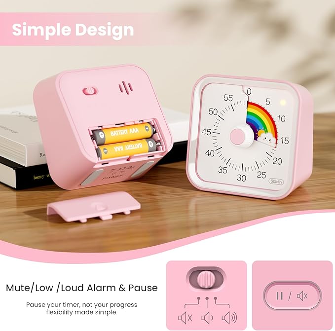 InfPokid Visual Timer for Kids with Pause Function, Cute Silent Timer with Rainbow for Classroom, Teaching, Task, Kitchen, 60 Minute Countdown Time Management for ADHD (Rainbow Pink)