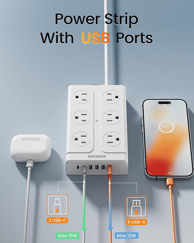Zoxwzop Surge Protector Power Strip – 10FT Extension Cord with 12-Outlet 4 USB-A & 2 USB-C Ports, 1850W/15A, Flat Plug, Wall Mountable – ETL Listed for Home, Dorm Room