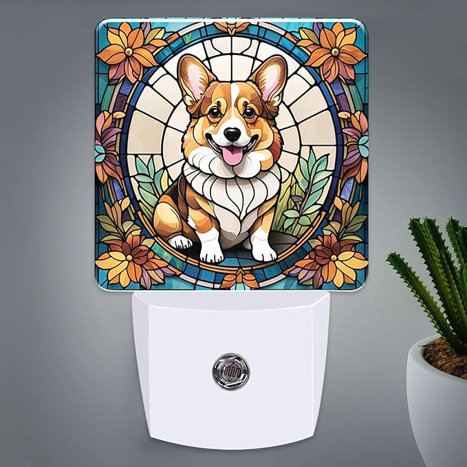 PODMemory Corgi Stained Glass Night Lights Plug into Wall for Room, Corgi Night Light LED for Bedroom
