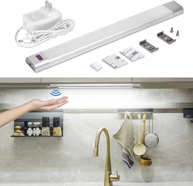 WOBANE Under Counter Lighting, Under Desk Light Bar, Hand Wave Activated, 12 inch Dimmable Panel, Super Bright Aluminum Strip Light for Kitchen,Shelf,Cupboard,Closet,Workbench,Cabinet,6000K White