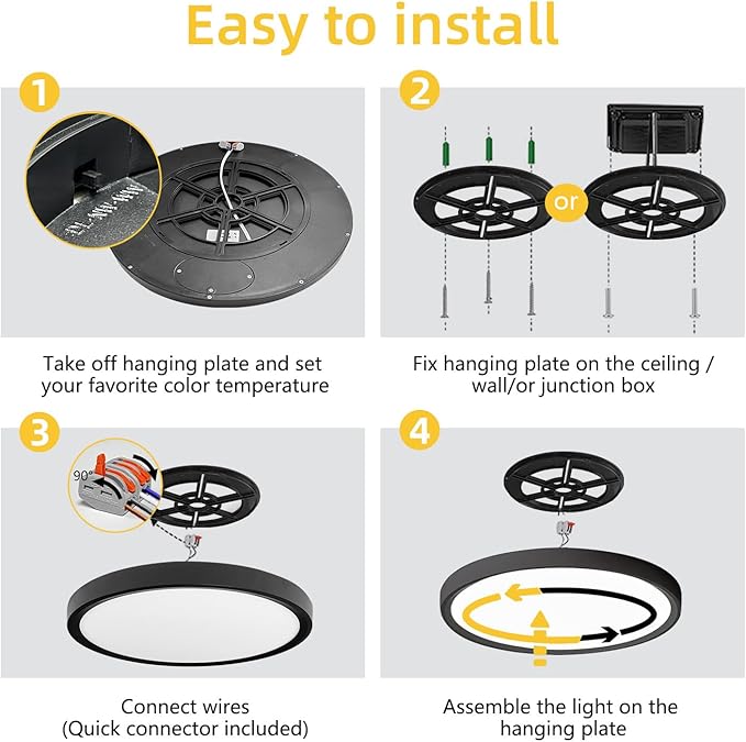 RLEDPZTX Led Flush Mount Ceiling Light,16 Inch 32w 3480lm,3000k/4000k/6000k 3CCT Selectable, Round Modern Flat Panel Super Slim Led Ceiling Light,for Living Dining Kitchen Bedroom Room (4Pack-Black)