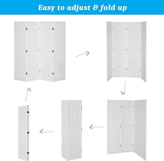 Bonnlo 4 Panel Pegboard Freestanding, 5 FT Portable Display Board Organizer for Craft Show Jewelry, Wooden Folding Privacy Screen Room Divider (with Base, White)