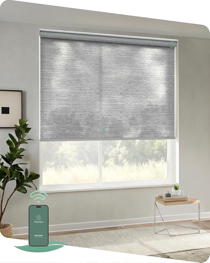 Yoolax Motorized Blinds App Control, Light Filtering Motorized Shades for Windows, Cordless Automatic Roller Shades for Bedroom Living Room Office(Light Filtering Jacquard Gray, 42" W x 72" H)