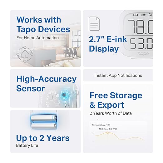 Tapo Smart Temperature and Humidity Monitor, 2.7" E-Ink Display, Swiss-Made Sensor, Real-Time Notification, Visual Graphics, Hub Required, White (T315)