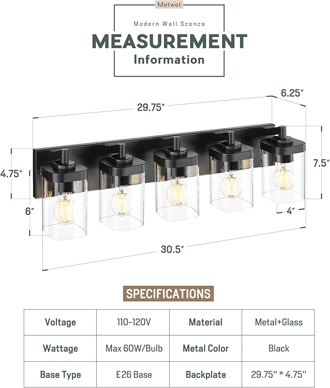 METWET Bathroom Light Fixtures, 5-Light 30" Vanity Light with Square Clear Glass Shade, Modern Matte Black Wall Sconces, Vanity Lighting Fixtures Over Mirror, VL194-MB-5