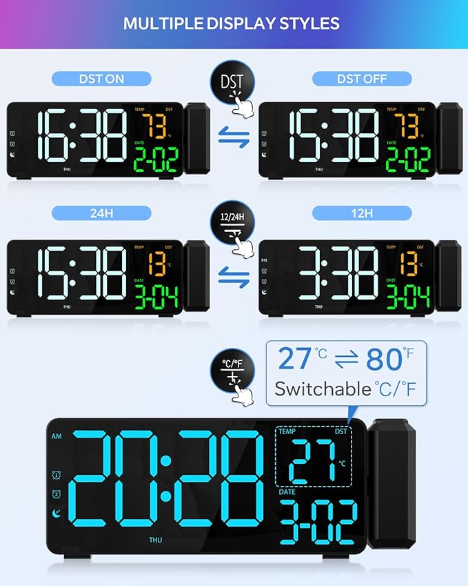 EVILTO Projection Alarm Clocks, RGB Desk Clock with 180° Rotatable Projector 15 Color Display, Date Temperature and Weekday, DST, Snooze, Ambient Lighting for Living Room,Bedroom Bedside Office Decor