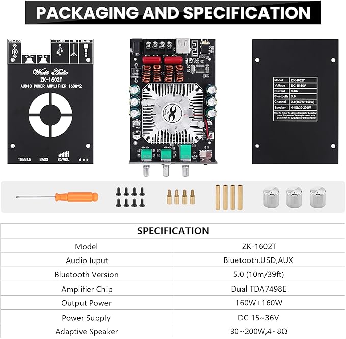 Audio Amplifier Board, ZK-1602T Bluetooth 5.0 Power Amp for Home Speakers 2.0 Channel 160W+160W Stereo Mini Amplifier Module TDA7498E Chip W/TB, USB, AUX, DC 15-36V