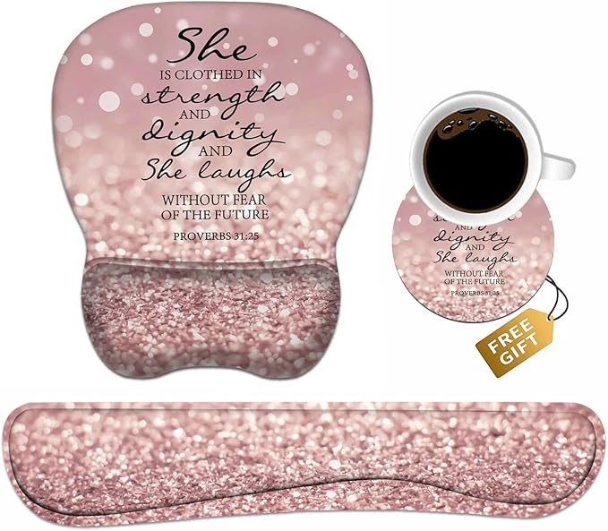 ERWYTYIOI Ergonomic Mouse Pad Wrist Support and Keyboard Wrist Rest Set with Coasters, Non-Slip PU Base, Easy Typing & Pain Relief for Computer Laptop Home Office, Bible Verses Proverbs 31:25