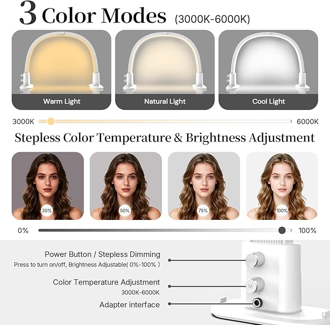 Half Moon Light for Nail Desk, Portable Nail Light for Desk with Phone Holder, Stepless Adjustment of Brightness and Color Temperature, Desk Lamp for Nail Tech, Eyelash, Tattoo, Makeup (White)