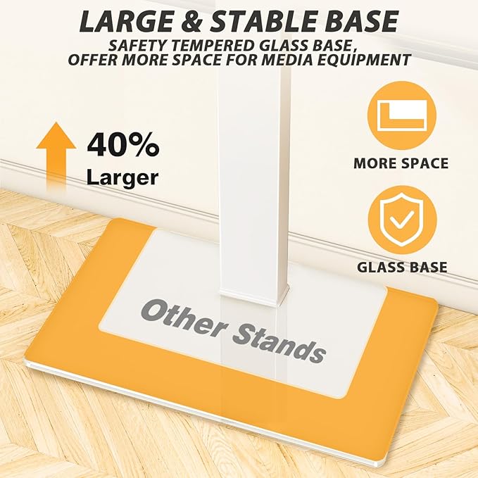 TAVR Universal Floor TV Stand Base for 32-70 Inch TVs up to 110 Lbs with Swivel Height Adjustable Mount, White Tempered Glass Base for Media Storage