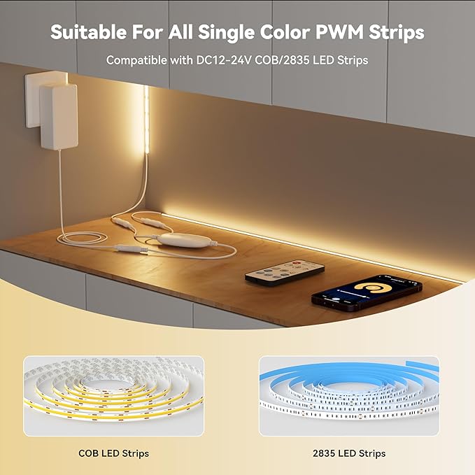 PAUTIX 2-Way RF WiFi Smart Remote Dimmer for Single Color LED Strip Lights,Work with Alexa and Google,14-Key Wireless Remote,DC 12-24V Controller for 3528/2835/5050/COB LED Strip Light(One to Two Way)