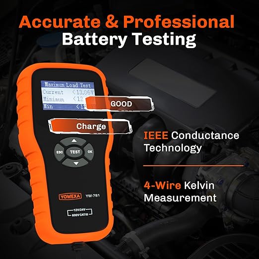 YOWEXA YW-781 Car Battery Tester 12V 24V, Automotive Battery Load Tester and Alternator Analyzer, 100–2000 CCA, 30–200Ah Battery Analyzer for Cars Trucks SUVs RVs Golf Carts