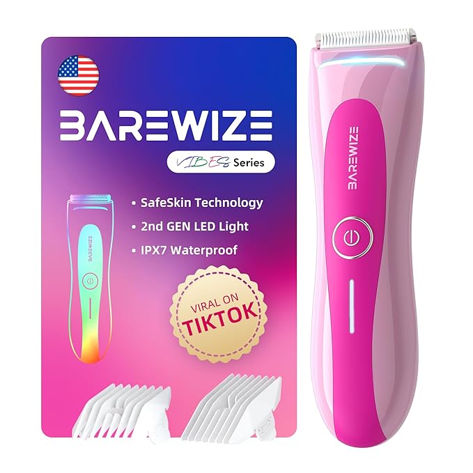 BAREWIZE Bikini Trimmer for Women, Electric Shaver for Women | LED Light, IPX7 Waterproof, USB-C Rechargeable, Ceramic Blade | Electric Razors for Women, Pubic Hair Trimmer Women (Petal Bonbon)