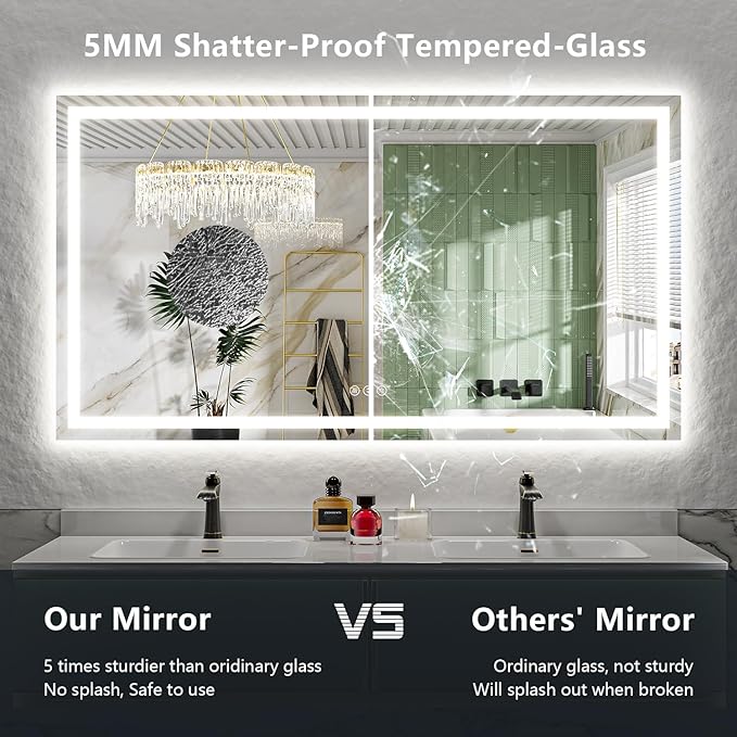 YEELAIT 60x38 Inch LED Bathroom Mirror with Lights Front and Backlit Lighted Vanity Mirror for Bathroom Wall with 3 Colors Dimmable Anti-Fog Memory Shatter-Proof IP54 Waterproof Horizontal/Vertical