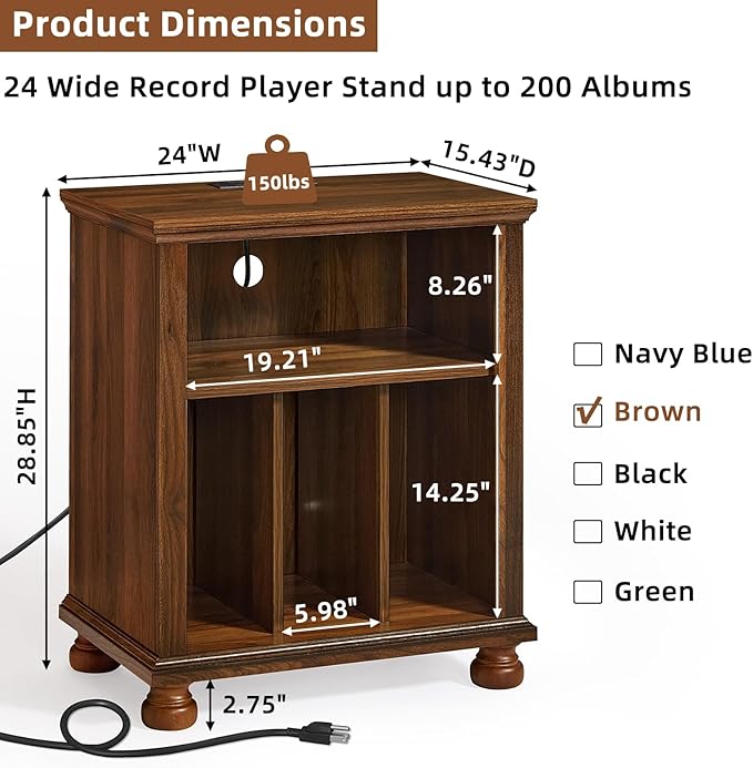 Joaxswe Record Player Stand with Charging Station Up to 200 Albums, 24" Wide Mid-Century Record Player Table with Vinyl Record Storage,Large Wood Turntable Stand Dispaly Cabinet for Living Room,Brown