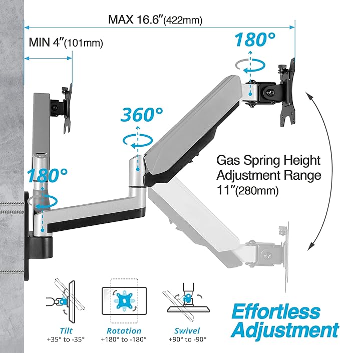 AVLT Dual 13"-32" Monitor Wall Mount fits Two Flat/Curved Computer Screen to Reduce Eye & Neck Strain | Full Motion Swivel Tilt Rotation Height Adjustable Arm | VESA/Cable Management