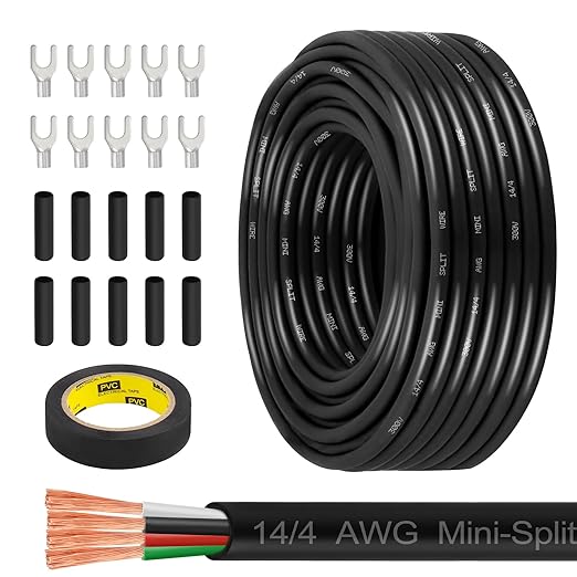 MOOKEERF 14/4 AWG Mini-Split Cable - 50FT 14 AWG 4 Conductor Control Cable 300V Stranded Oxygen-Free Pure Copper Wire for Mini Split Air Conditioner,Heat Pump,HVAC Systems and Speaker Systems