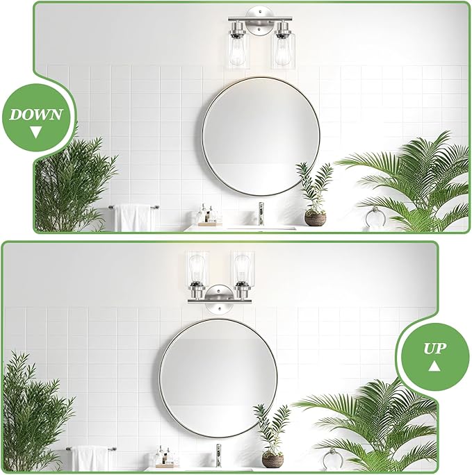 Guliaofo 2-Light E26 Bathroom Light Fixtures, Modern Brushed Nickel Vanity Lights for Bathroom with Clear Glass Shade, Mirror Kitchen Hallway Cabinet Living Room Sconces Wall Lights