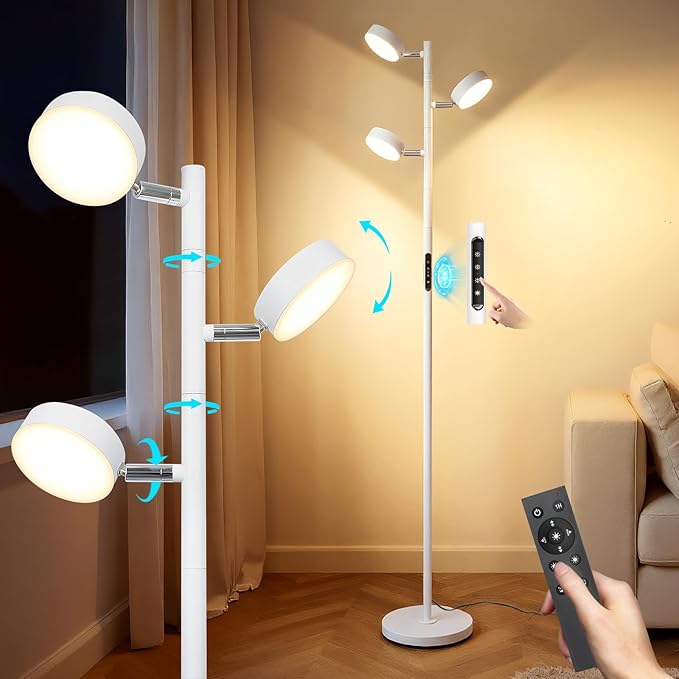 Benaep Tree Floor Lamp for Living Room - Modern White Standing Lamp, LED Floor Light with Remote & Touch, 3000K-6000K Dimmable for Bedroom Office Reading (3 Head)